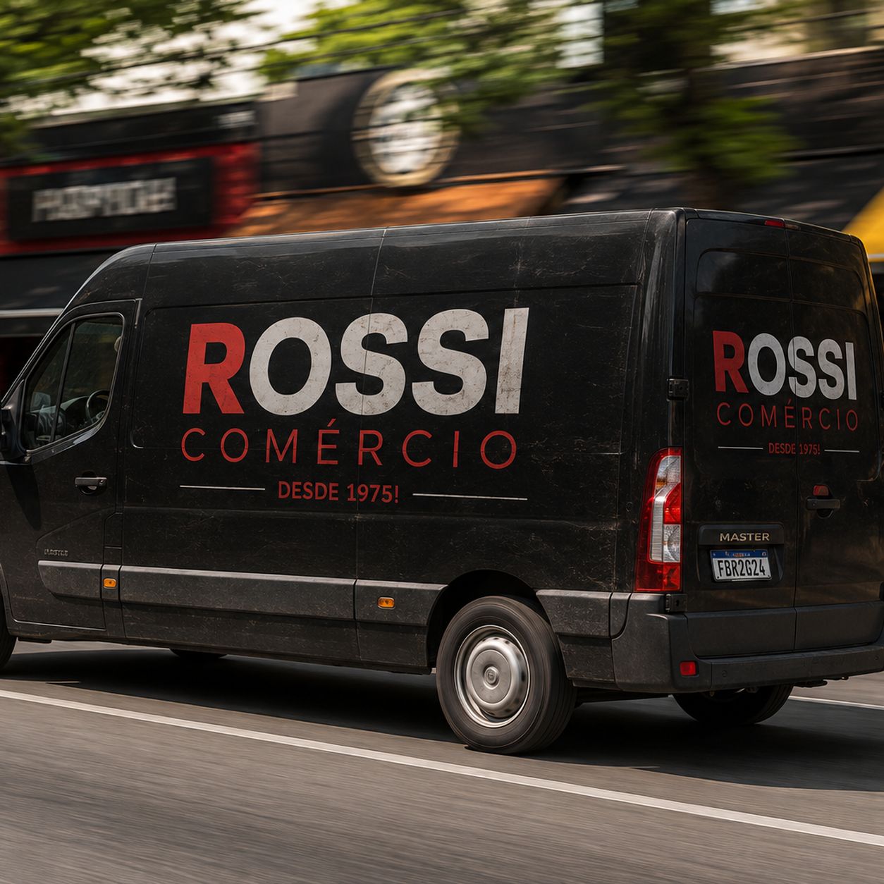 Van de entrega da Rossi Comércio em movimento pelas ruas de Campinas