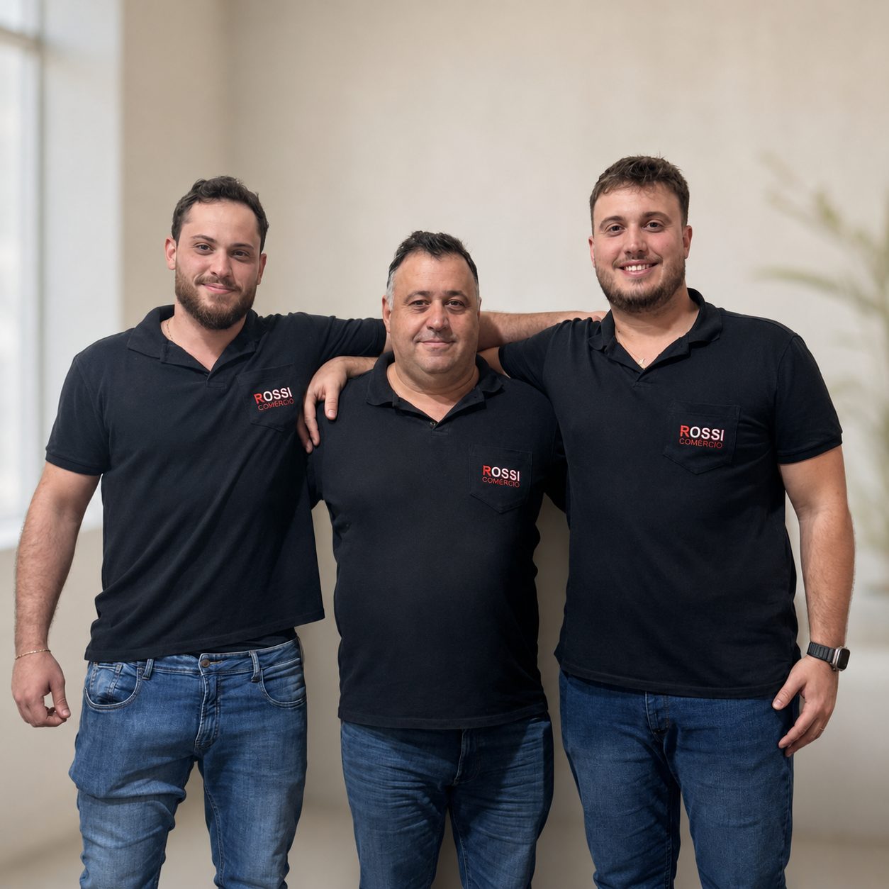 Três gerações da família Rossi: pai e dois filhos, com camisas da Rossi Comércio